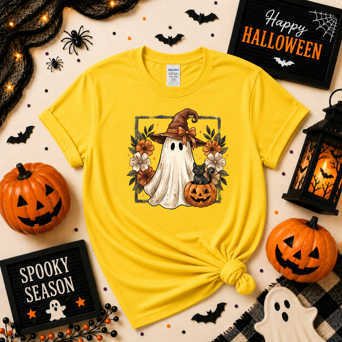 Cute Witch Ghost & Black Cat Halloween Sweatshirt | Pumpkin T-shirt