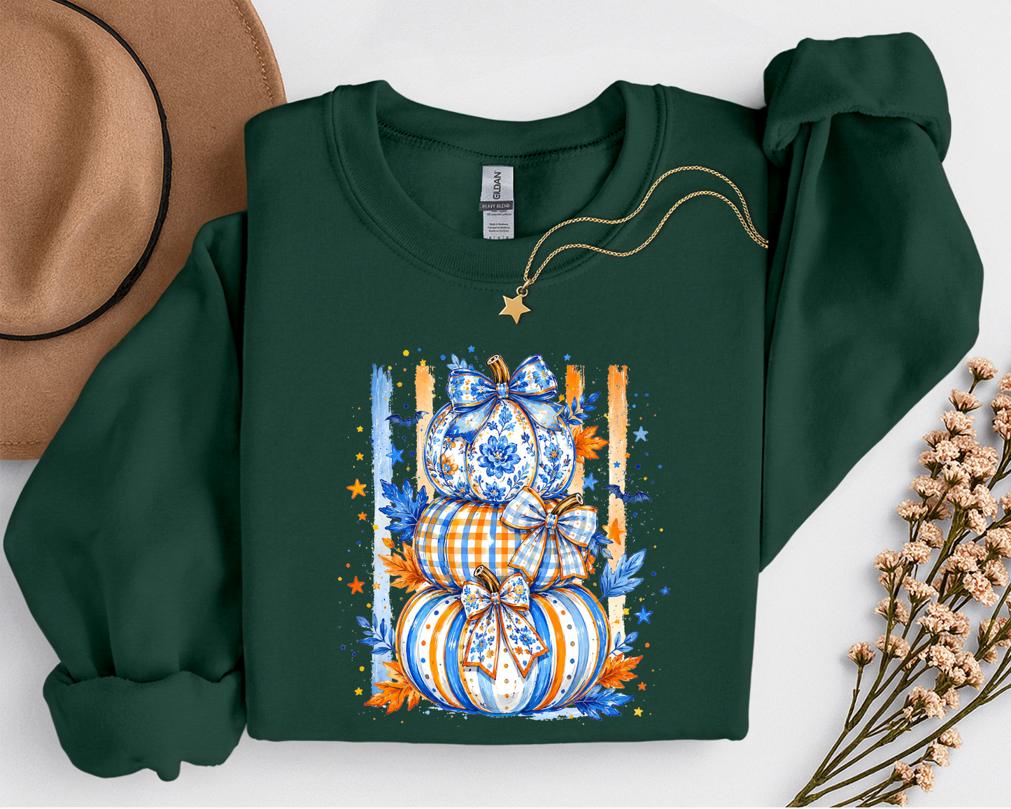 Blue & Orange Pumpkin Stack Fall Shirt | Coquette Pumpkin T-Shirt & Crewneck Sweatshirt