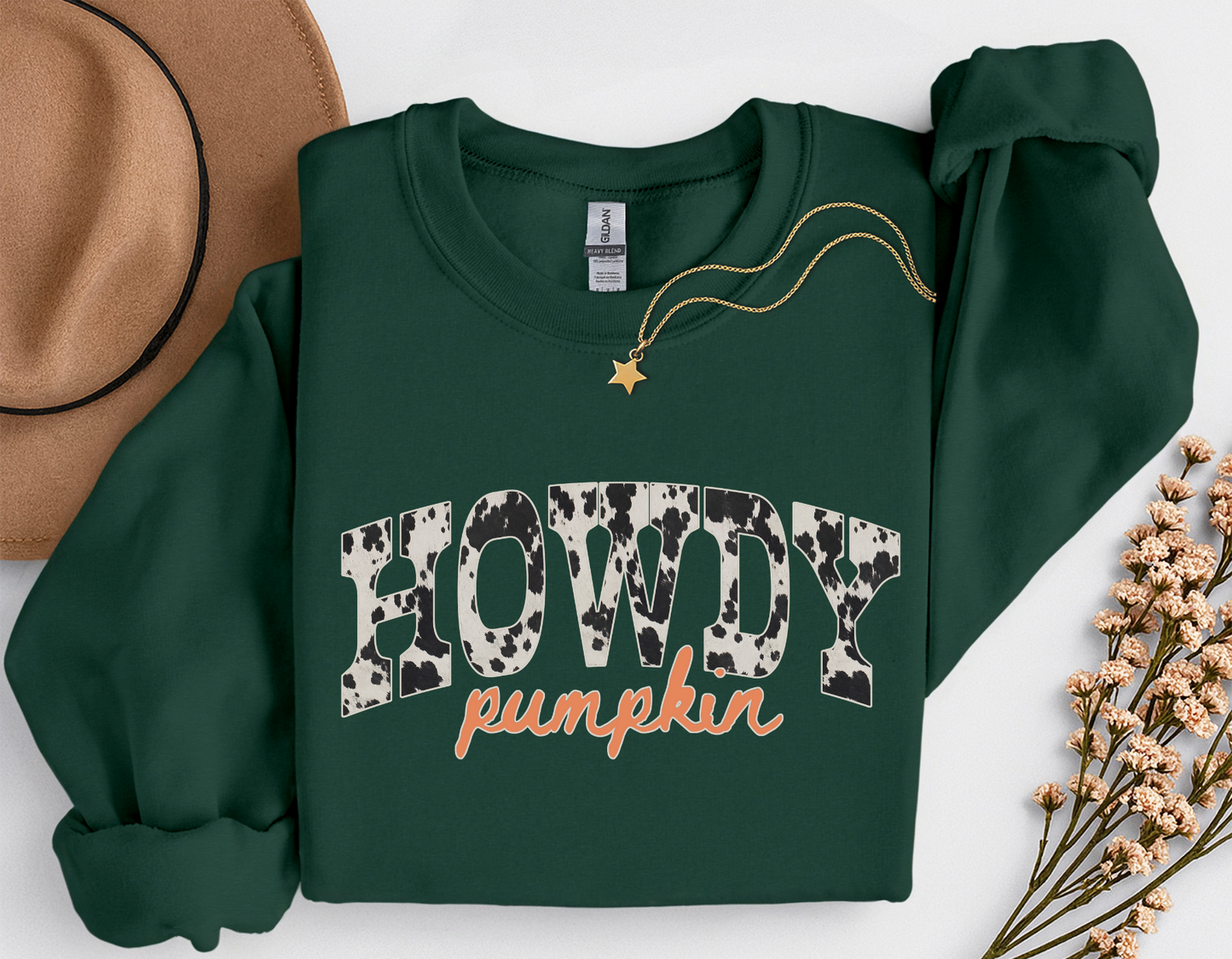 Howdy Pumpkin Cow Print Fall Shirt | Western Autumn T-Shirt & Crewneck Sweatshirt