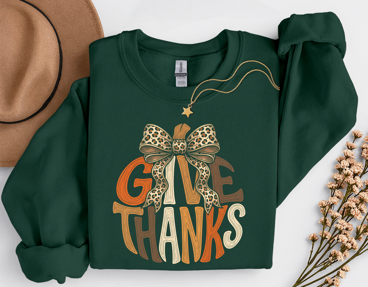 Give Thanks Leopard Bow Fall T-Shirt or Sweatshirt | Thanksgiving Apparel