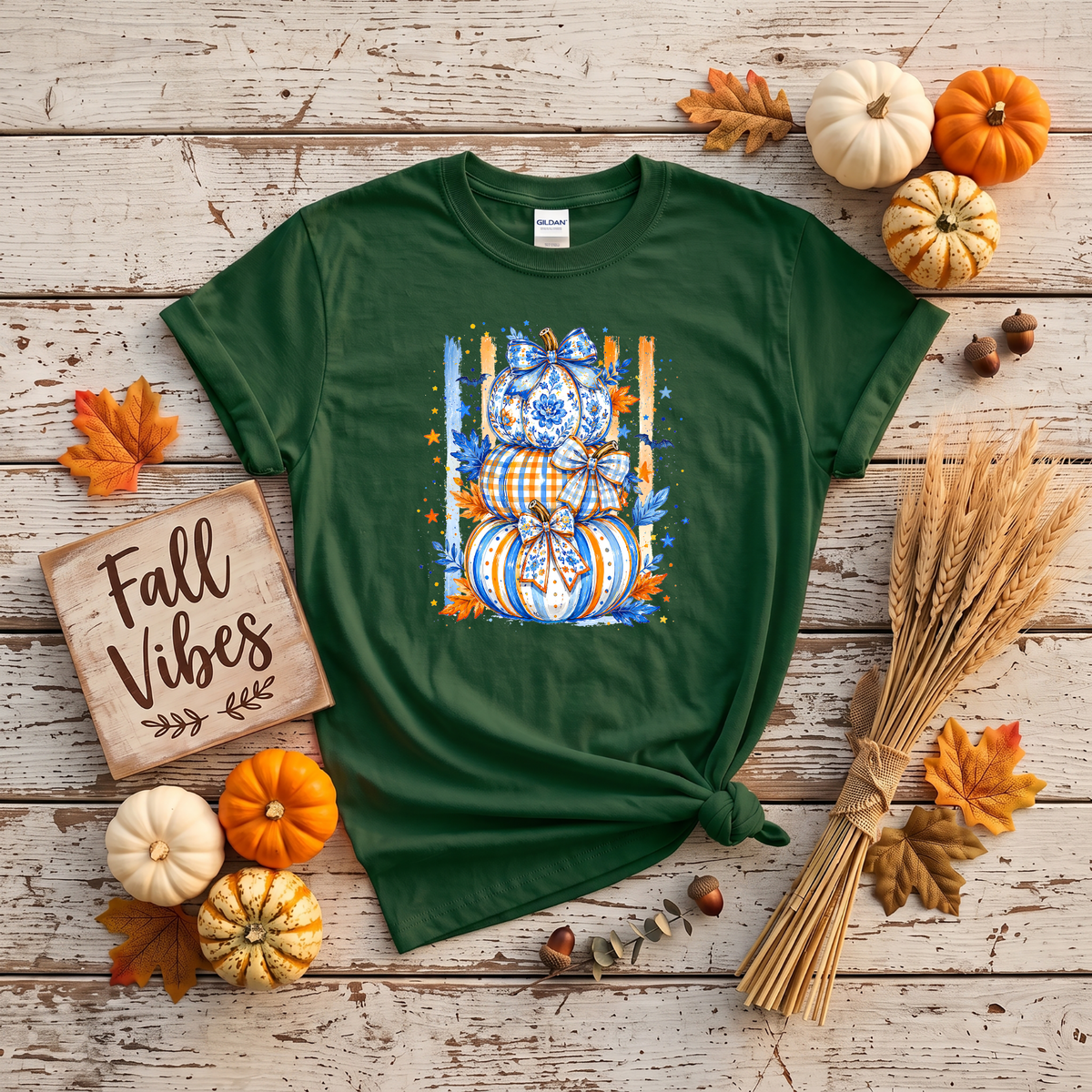 Blue & Orange Pumpkin Stack Fall Shirt | Coquette Pumpkin T-Shirt & Crewneck Sweatshirt