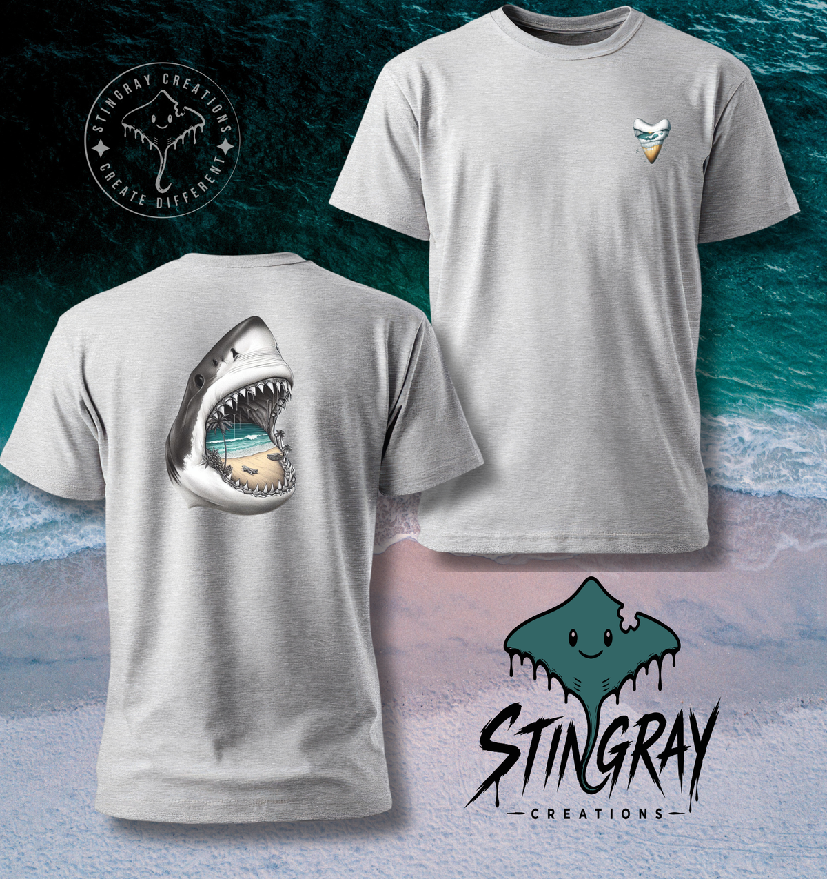 Shark Jaw Beach Scene T Shirt & Crewneck Sweatshirt | Coastal Shark Tooth Shirt