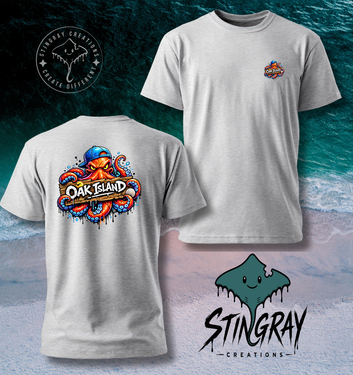 Oak Island Graffiti Octopus T Shirt | Coastal North Carolina Graphic Tee | Beach Vacation Shirt