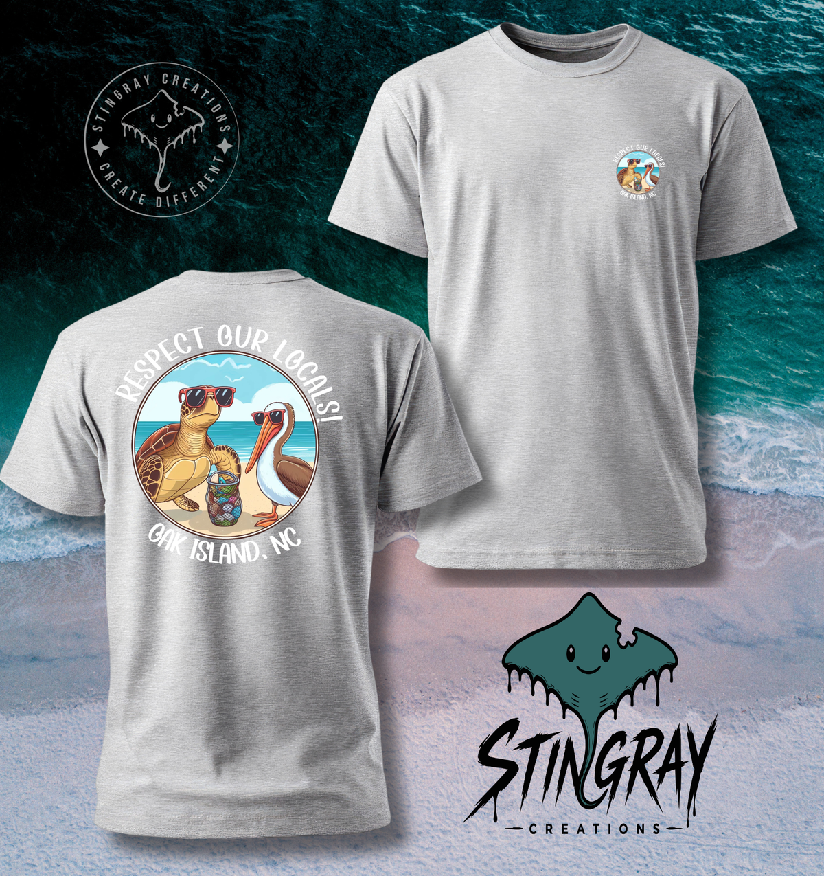 Respect Our Locals Oak Island NC Sea Turtle & Pelican T Shirt & Crewneck Sweatshirt
