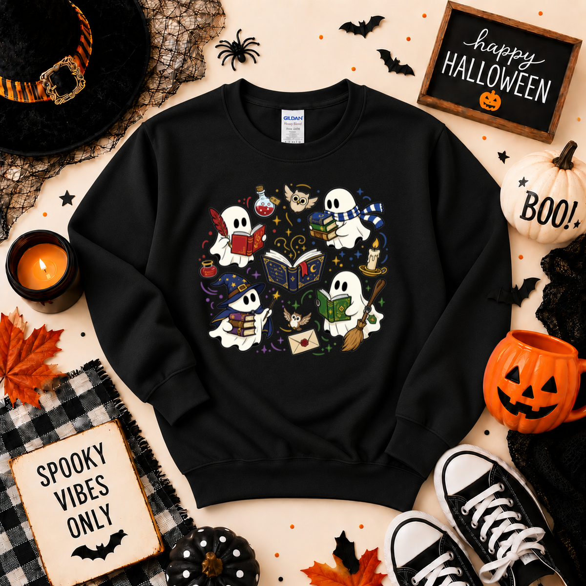 Bookish Ghost Halloween Sweatshirt | Cute Spooky Reading Ghost T-shirt