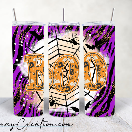 BOO Halloween Zebra Print Tumbler 20oz Skinny Tumbler | Spooky Halloween Cup | Purple Halloween Travel Mug