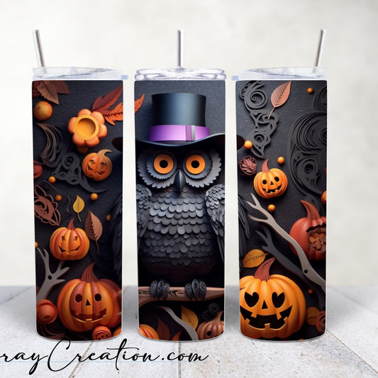 Halloween Owl Tumbler 20oz | Spooky Owl & Pumpkin Fall Stainless Steel Travel Cup