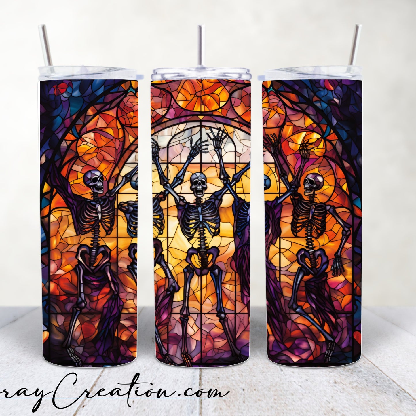 Dancing Skeleton Stained Glass Halloween Tumbler 20oz | Gothic Spooky Season Cup