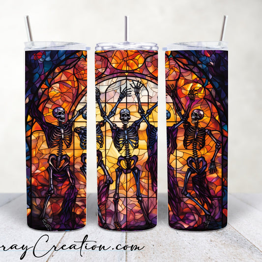 Dancing Skeleton Stained Glass Halloween Tumbler 20oz | Gothic Spooky Season Cup