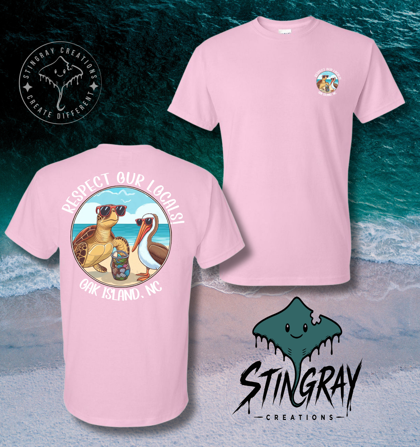 Respect Our Locals Oak Island NC Sea Turtle & Pelican T Shirt & Crewneck Sweatshirt