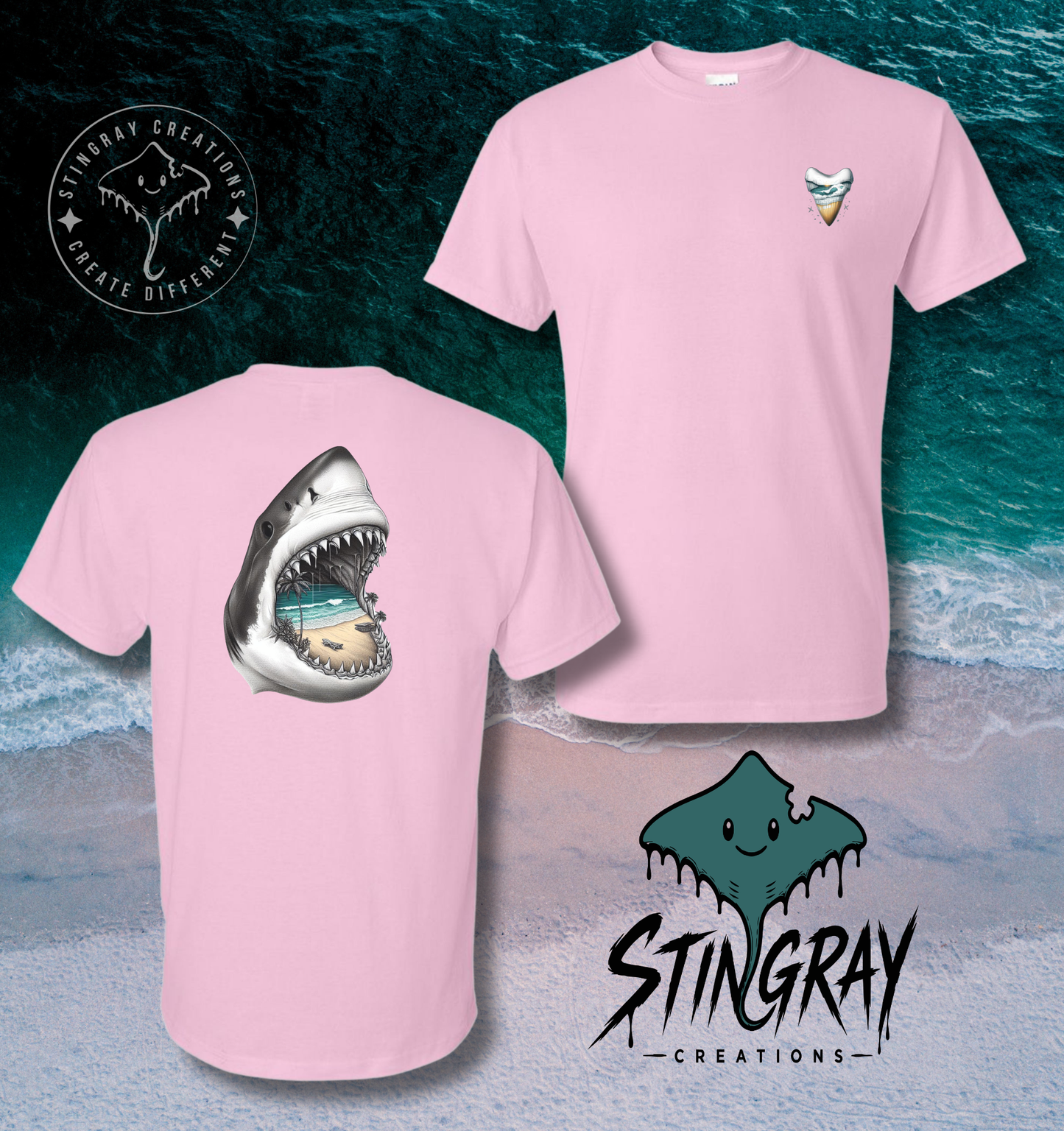 Shark Jaw Beach Scene T Shirt & Crewneck Sweatshirt | Coastal Shark Tooth Shirt