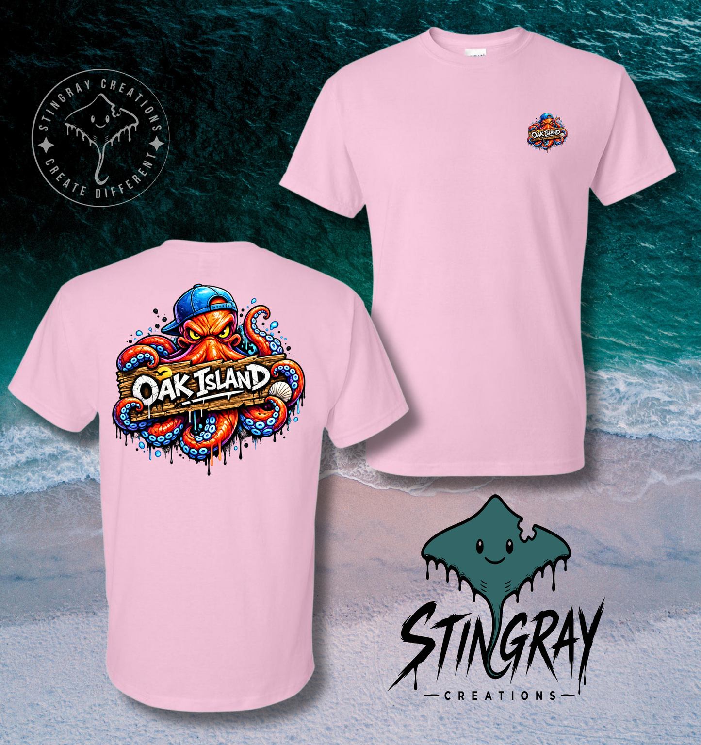 Oak Island Graffiti Octopus T Shirt | Coastal North Carolina Graphic Tee | Beach Vacation Shirt