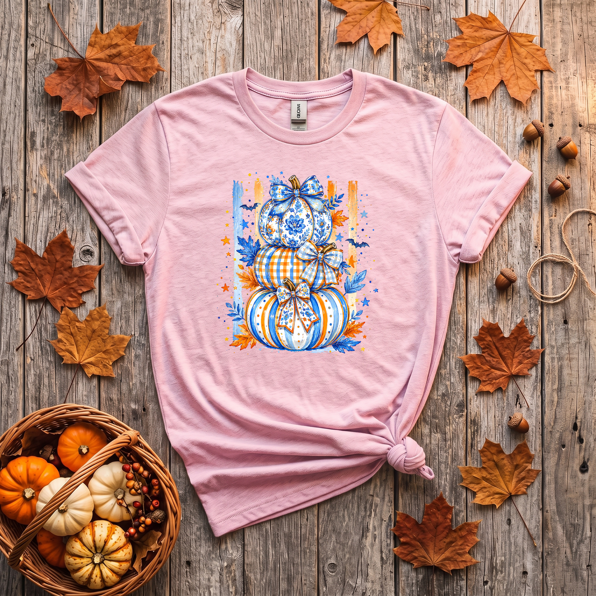 Blue & Orange Pumpkin Stack Fall Shirt | Coquette Pumpkin T-Shirt & Crewneck Sweatshirt
