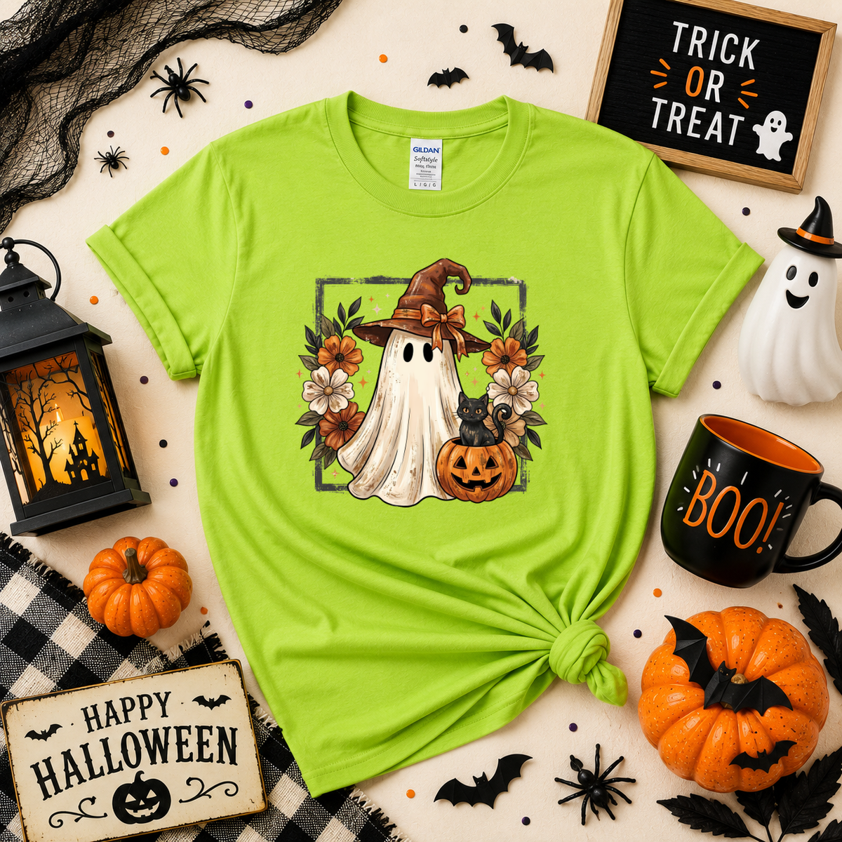 Cute Witch Ghost & Black Cat Halloween Sweatshirt | Pumpkin T-shirt