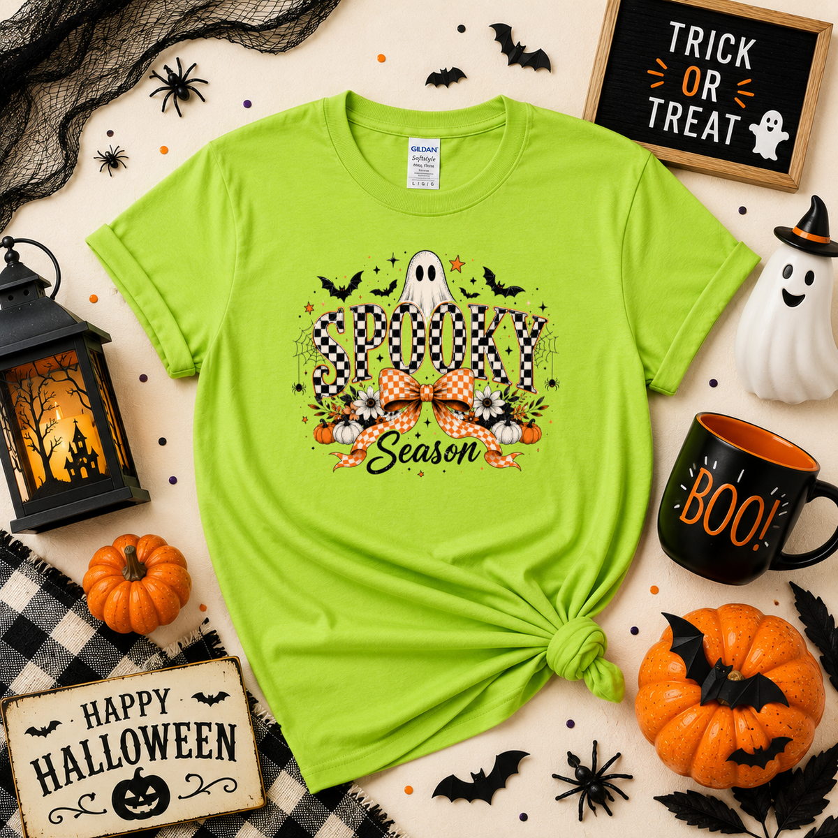 Spooky Season Halloween T-Shirt | Checkerboard Ghost & Bow Graphic Sweatshirt