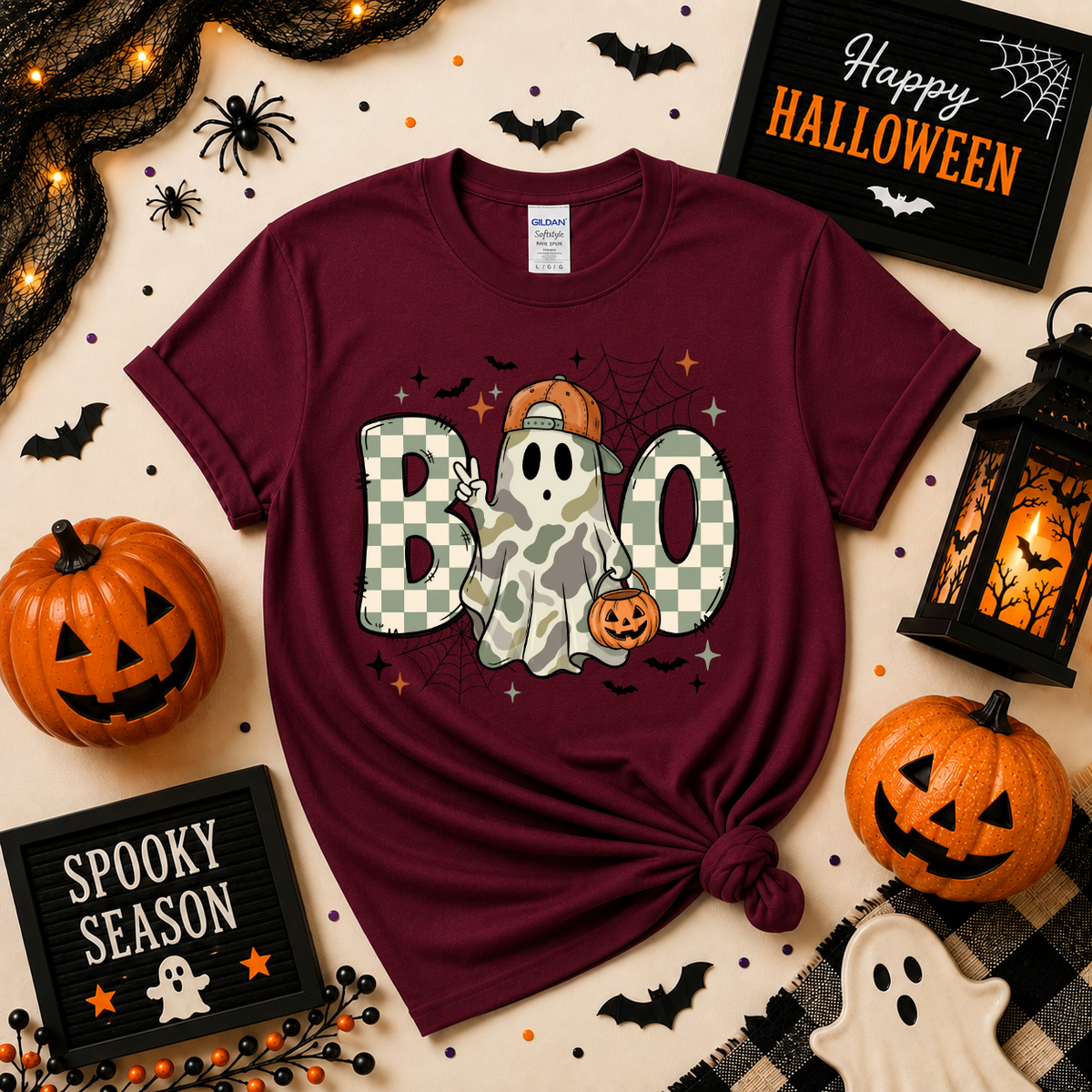 Camo Ghost BOO Halloween T-Shirt | Cute Spooky Season Graphic Tee