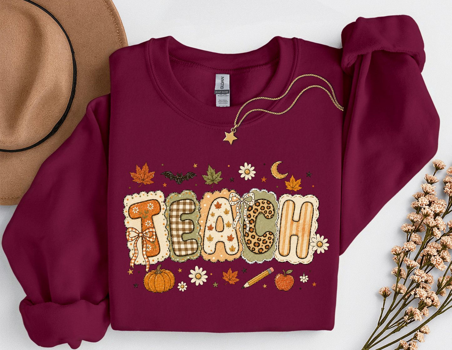 Teacher Fall Crewneck Sweatshirt | Patchwork Teacher Shirt | Cozy Autumn Teacher Sweatshirt
