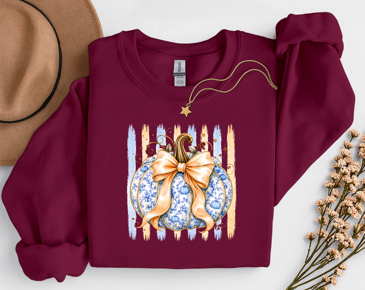 Blue Floral Pumpkin Crewneck Sweatshirt | Coquette Fall Pumpkin Sweatshirt