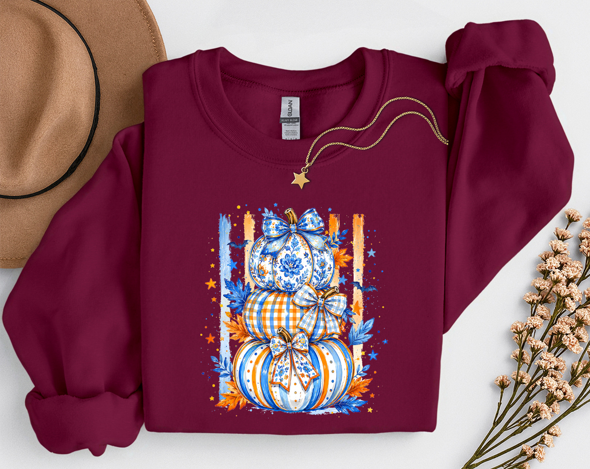 Blue & Orange Pumpkin Stack Fall Shirt | Coquette Pumpkin T-Shirt & Crewneck Sweatshirt