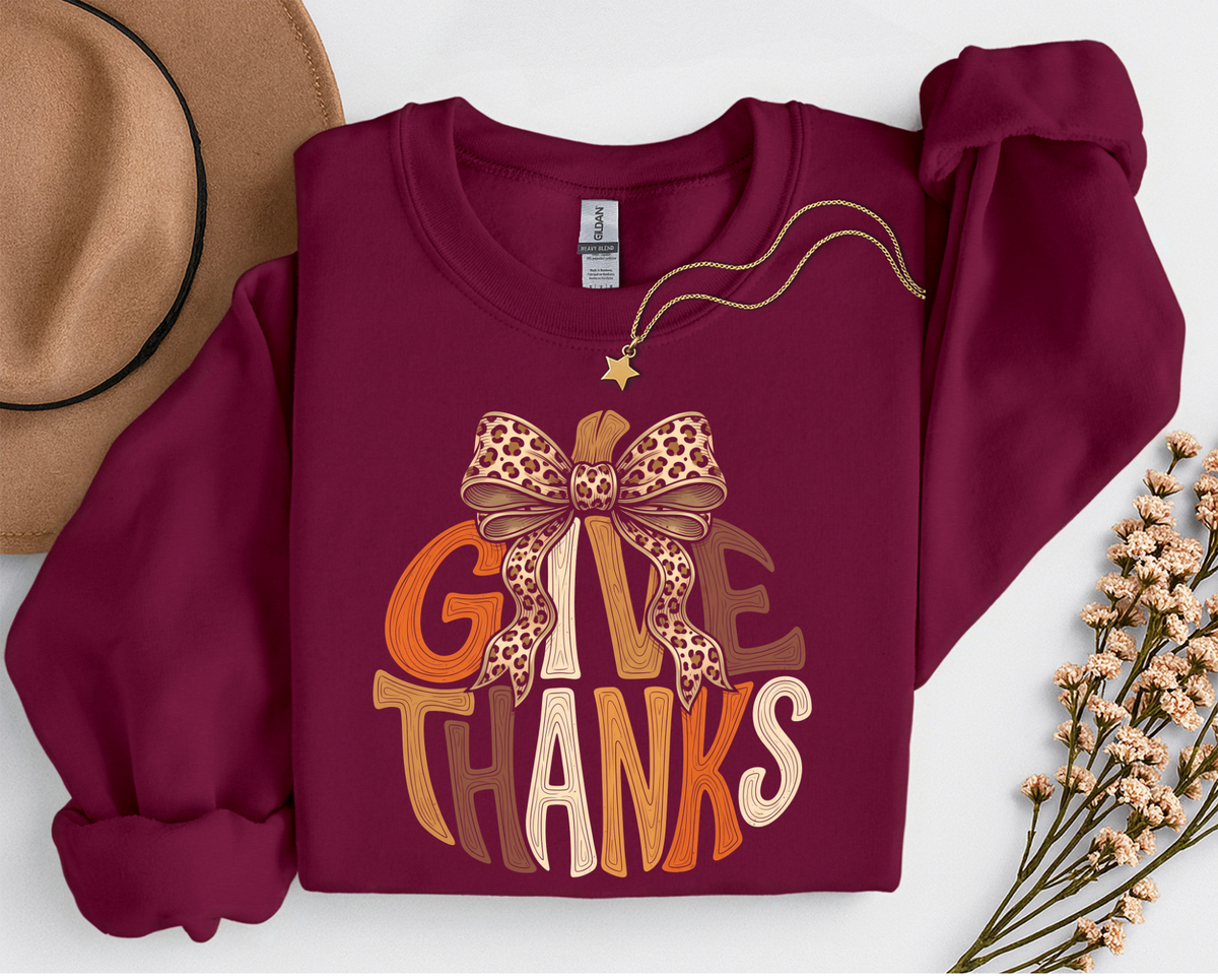 Give Thanks Leopard Bow Fall T-Shirt or Sweatshirt | Thanksgiving Apparel