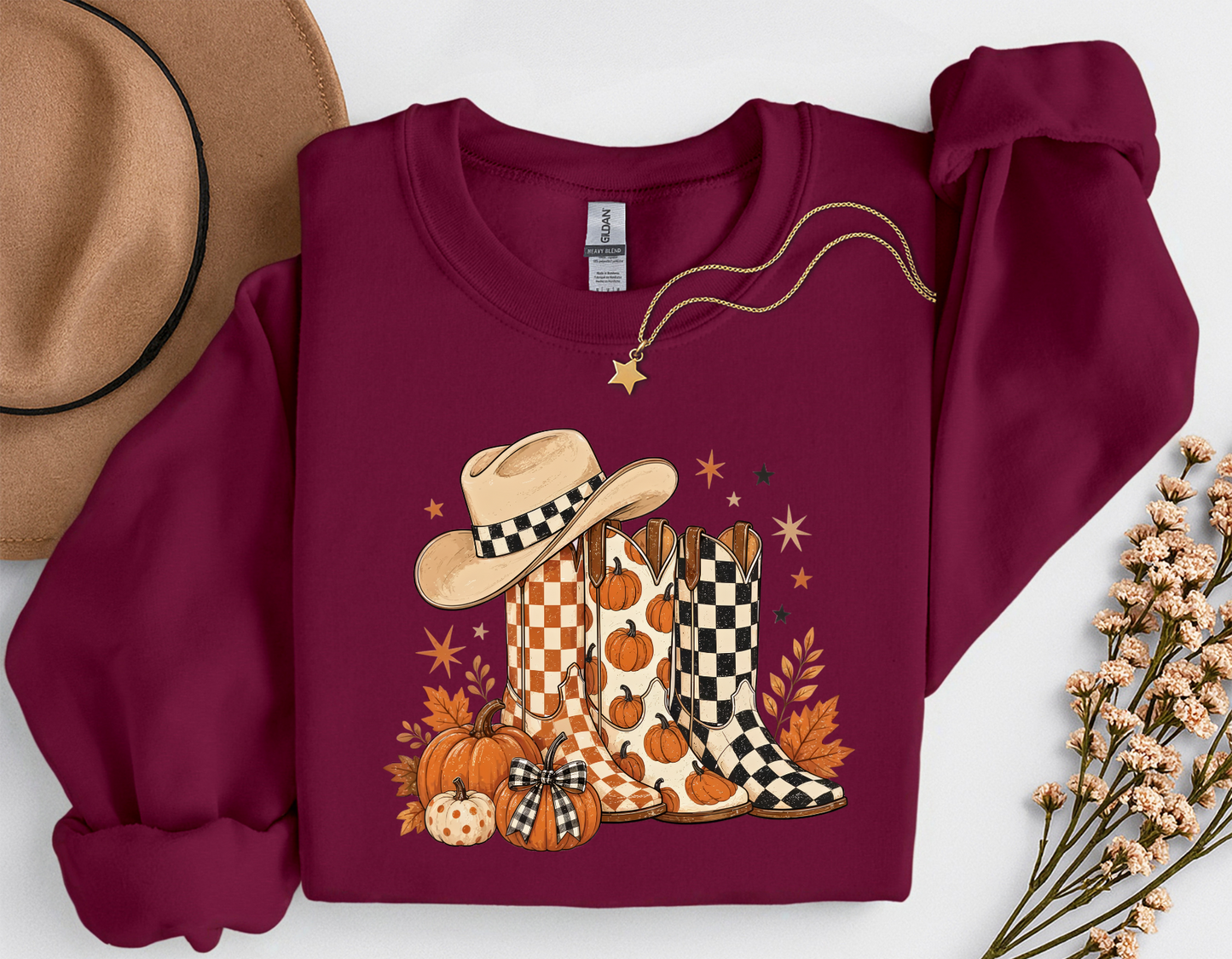 Western Fall Crewneck Sweatshirt | Cowboy Boots & Pumpkins Autumn Sweatshirt | Country Fall Shirt