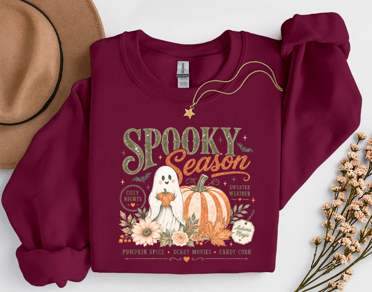 Spooky Season Ghost & Pumpkin Shirt | Cute Halloween T-Shirt or Crewneck Sweatshirt