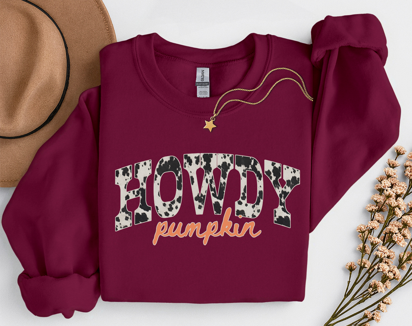 Howdy Pumpkin Cow Print Fall Shirt | Western Autumn T-Shirt & Crewneck Sweatshirt