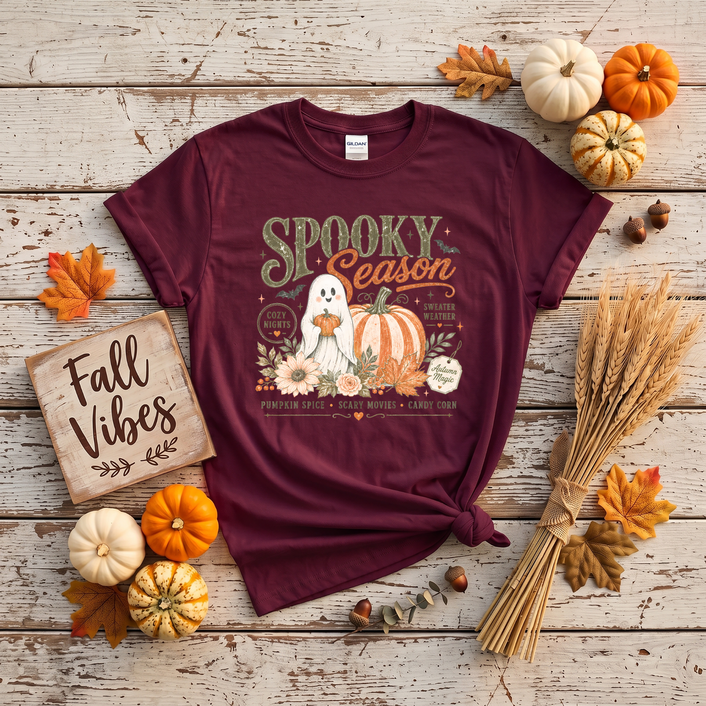 Spooky Season Ghost & Pumpkin Shirt | Cute Halloween T-Shirt or Crewneck Sweatshirt