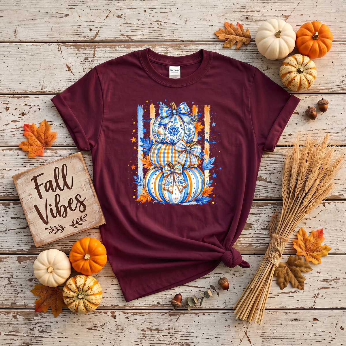 Blue & Orange Pumpkin Stack Fall Shirt | Coquette Pumpkin T-Shirt & Crewneck Sweatshirt