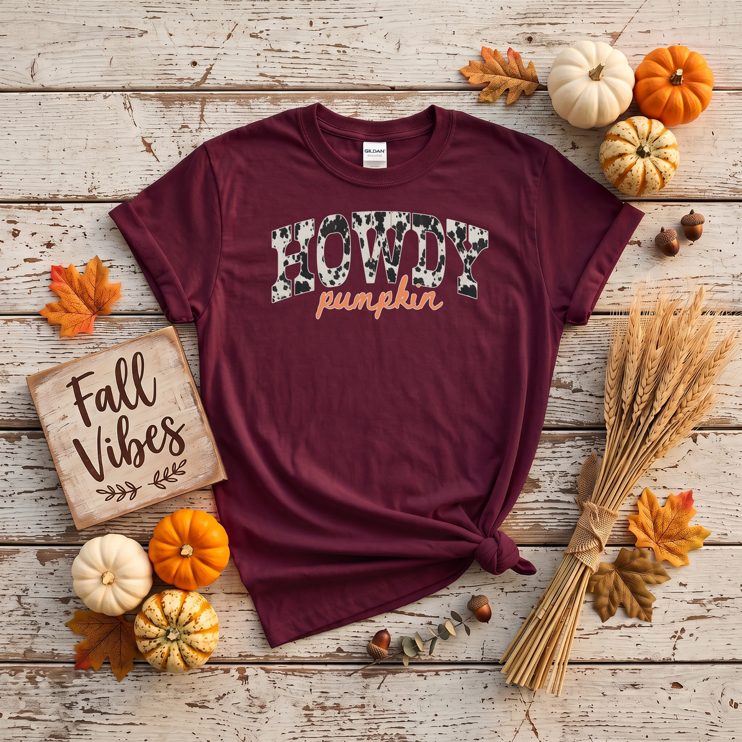 Howdy Pumpkin Cow Print Fall Shirt | Western Autumn T-Shirt & Crewneck Sweatshirt