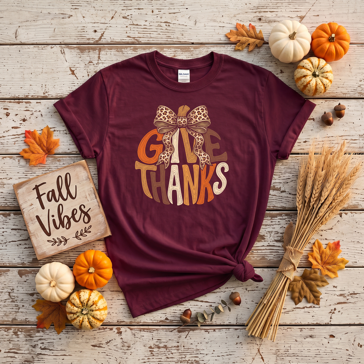 Give Thanks Leopard Bow Fall T-Shirt or Sweatshirt | Thanksgiving Apparel