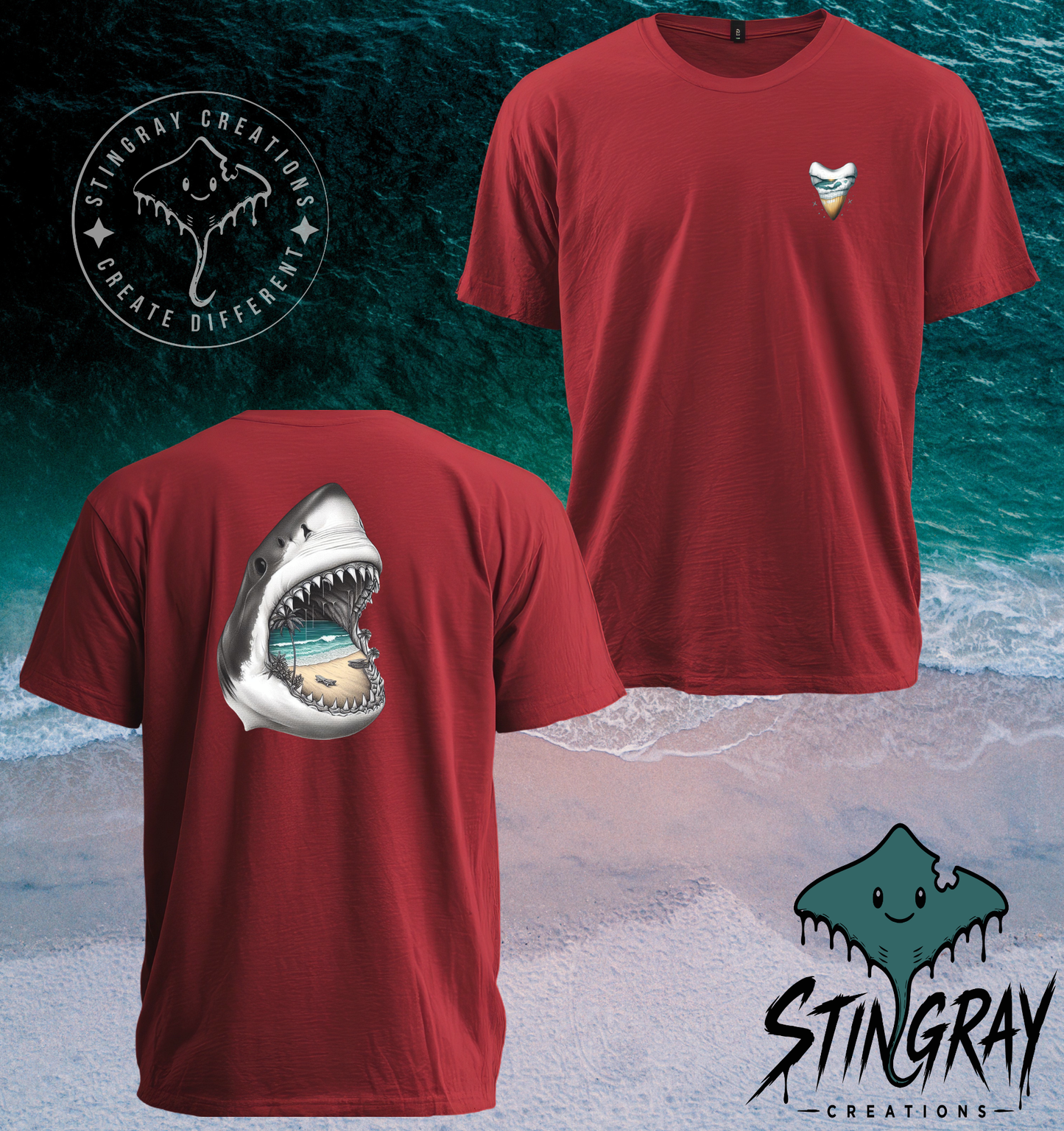 Shark Jaw Beach Scene T Shirt & Crewneck Sweatshirt | Coastal Shark Tooth Shirt