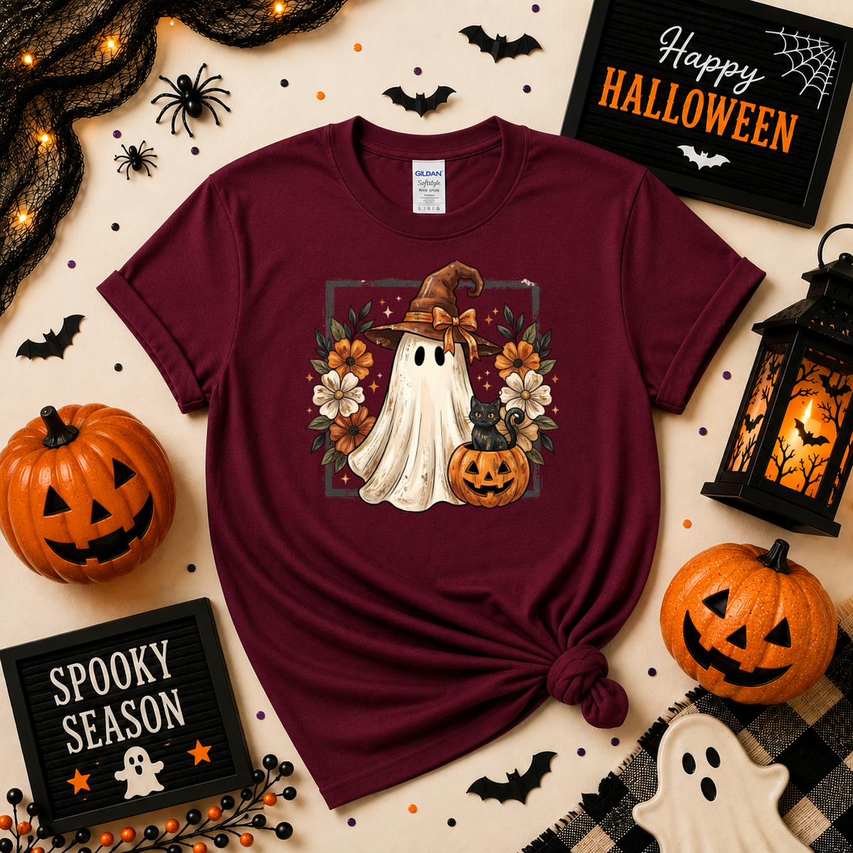 Cute Witch Ghost & Black Cat Halloween Sweatshirt | Pumpkin T-shirt