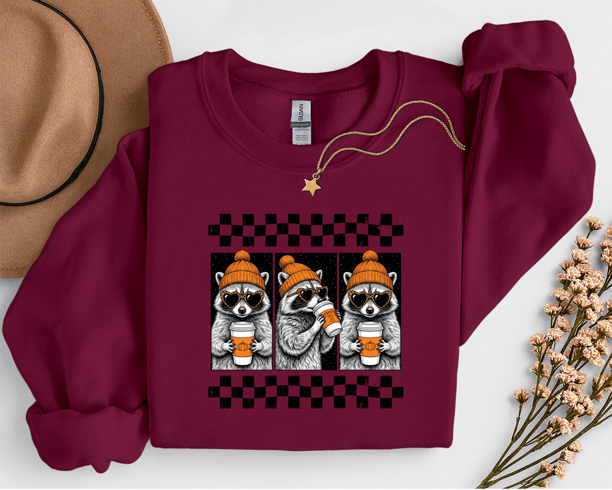 Pumpkin Spice Raccoon Crewneck Sweatshirt | Cute Fall Coffee Sweatshirt | Cozy Autumn Raccoon Shirt
