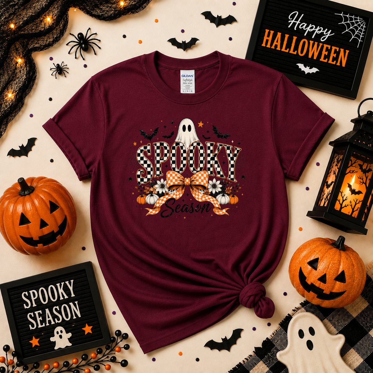 Spooky Season Halloween T-Shirt | Checkerboard Ghost & Bow Graphic Sweatshirt
