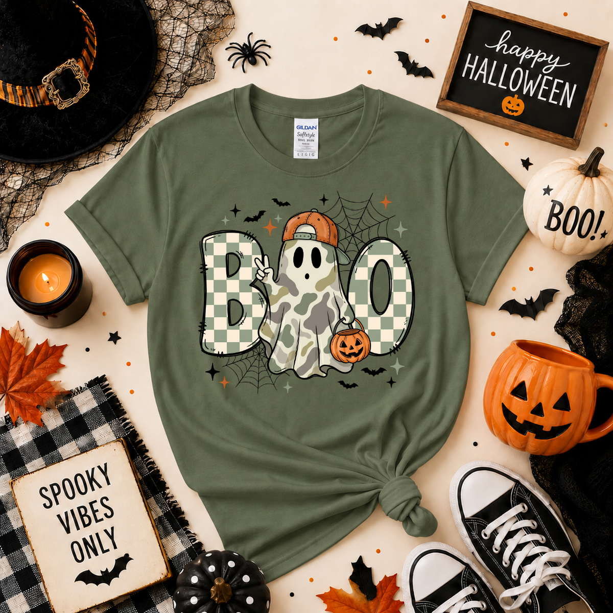 Camo Ghost BOO Halloween T-Shirt | Cute Spooky Season Graphic Tee