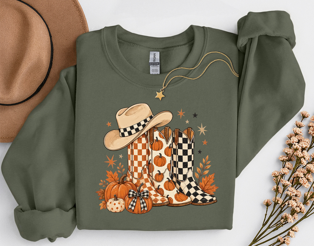 Western Fall Crewneck Sweatshirt | Cowboy Boots & Pumpkins Autumn Sweatshirt | Country Fall Shirt