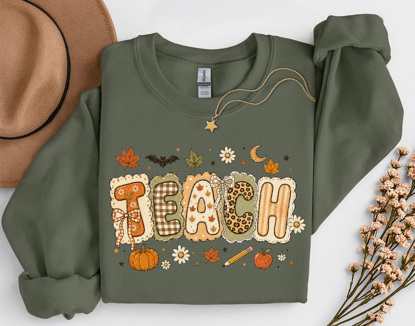 Teacher Fall Crewneck Sweatshirt | Patchwork Teacher Shirt | Cozy Autumn Teacher Sweatshirt