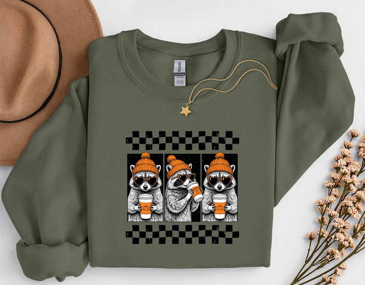 Pumpkin Spice Raccoon Crewneck Sweatshirt | Cute Fall Coffee Sweatshirt | Cozy Autumn Raccoon Shirt