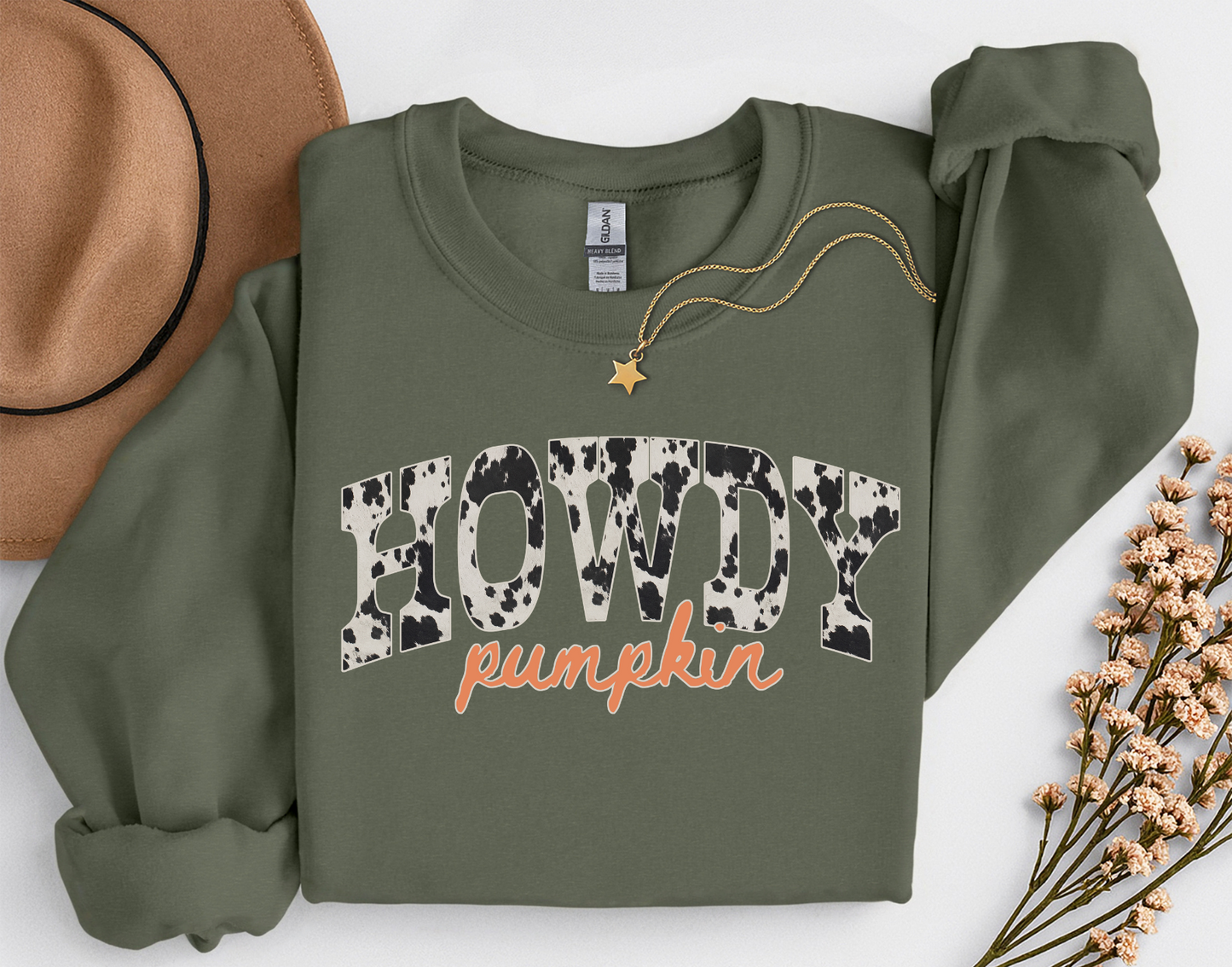 Howdy Pumpkin Cow Print Fall Shirt | Western Autumn T-Shirt & Crewneck Sweatshirt