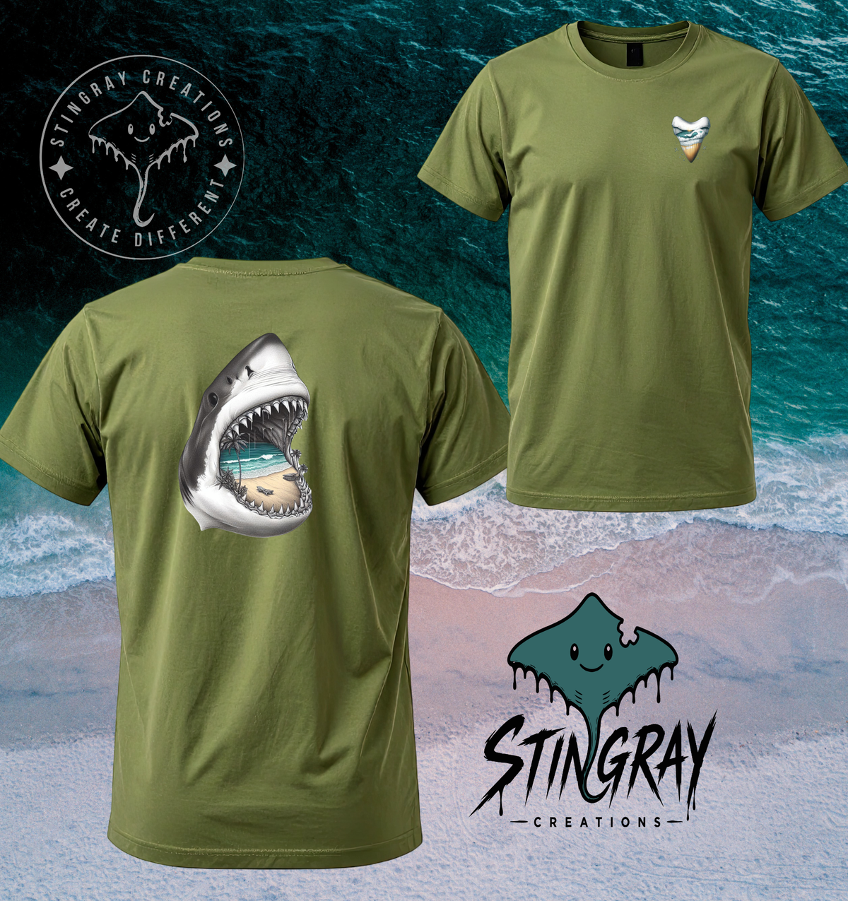 Shark Jaw Beach Scene T Shirt & Crewneck Sweatshirt | Coastal Shark Tooth Shirt