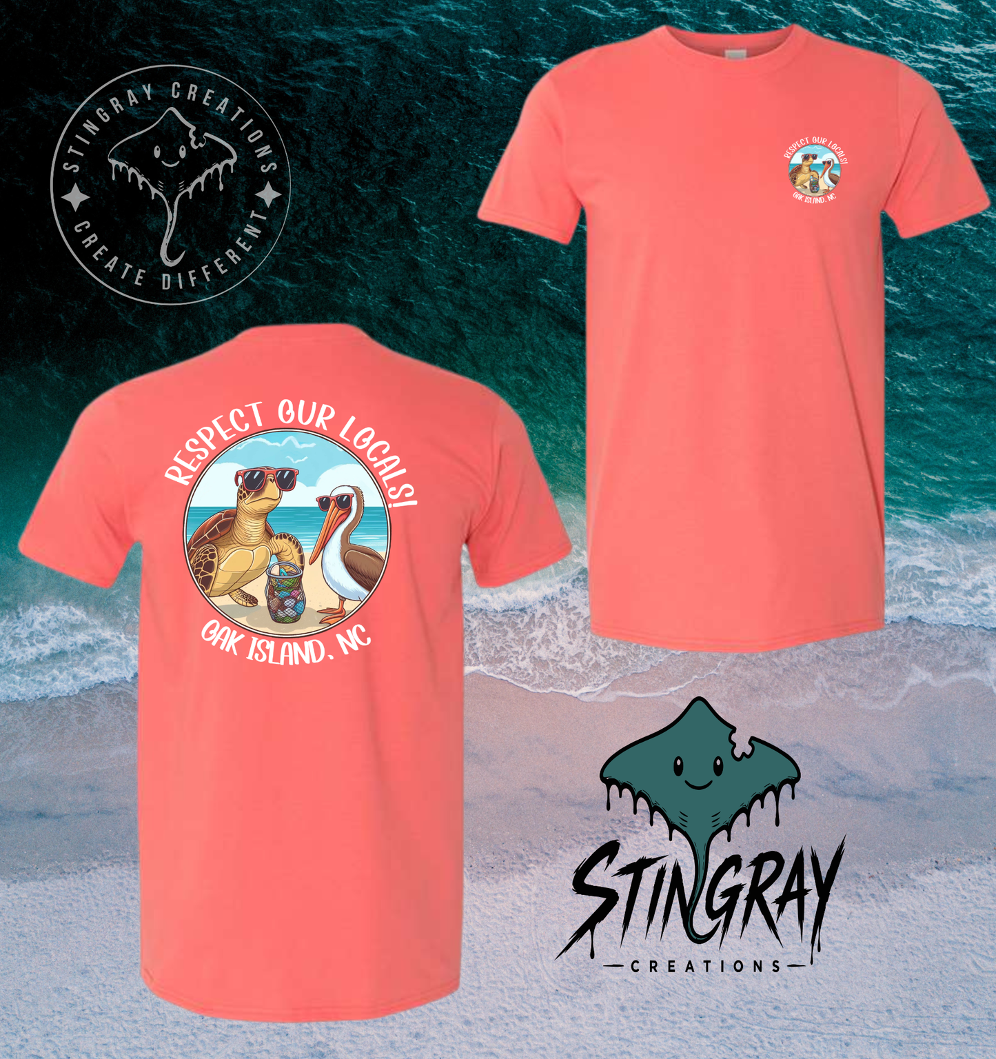 Respect Our Locals Oak Island NC Sea Turtle & Pelican T Shirt & Crewneck Sweatshirt