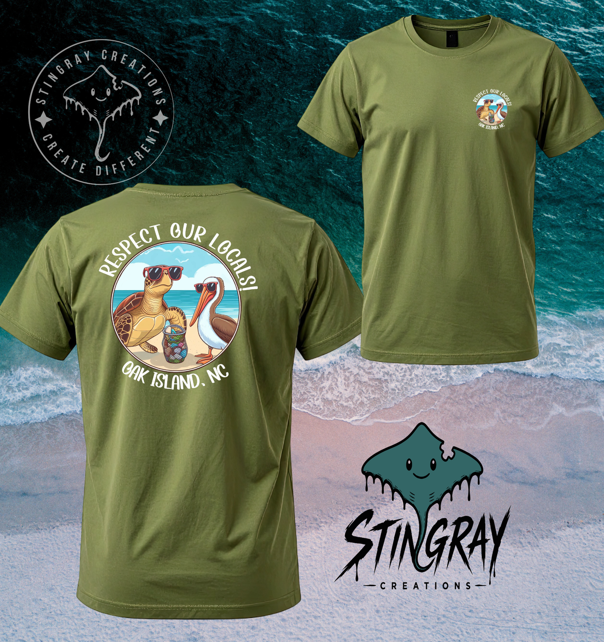 Respect Our Locals Oak Island NC Sea Turtle & Pelican T Shirt & Crewneck Sweatshirt