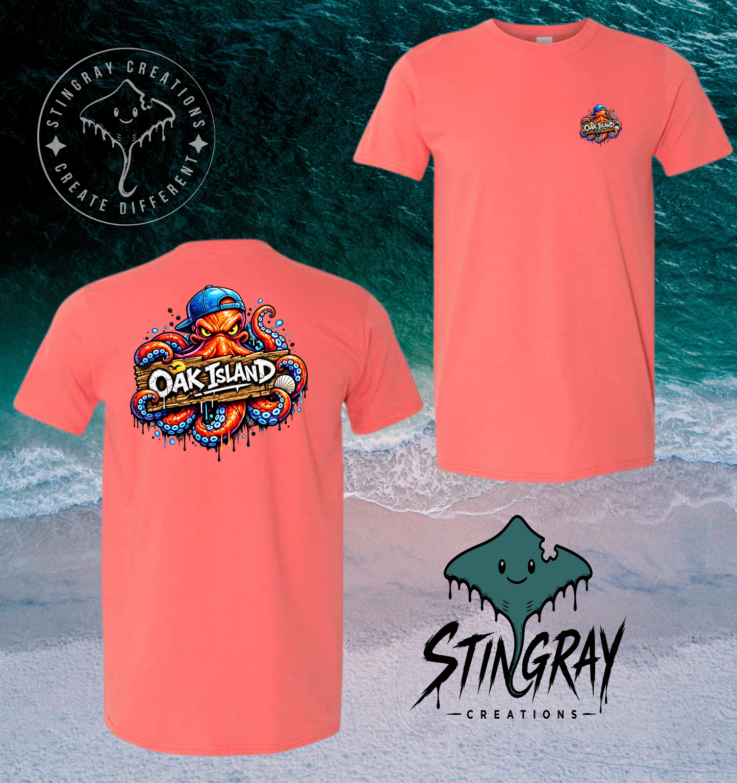 Oak Island Graffiti Octopus T Shirt | Coastal North Carolina Graphic Tee | Beach Vacation Shirt