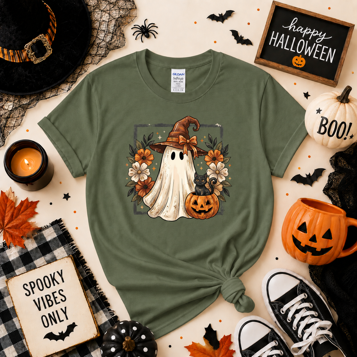 Cute Witch Ghost & Black Cat Halloween Sweatshirt | Pumpkin T-shirt