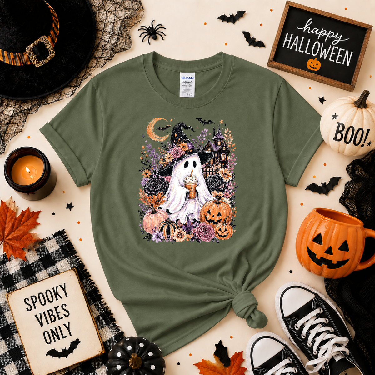 Spooky Ghost Halloween Sweatshirt or T-Shirt | Cute Witch Ghost Shirt