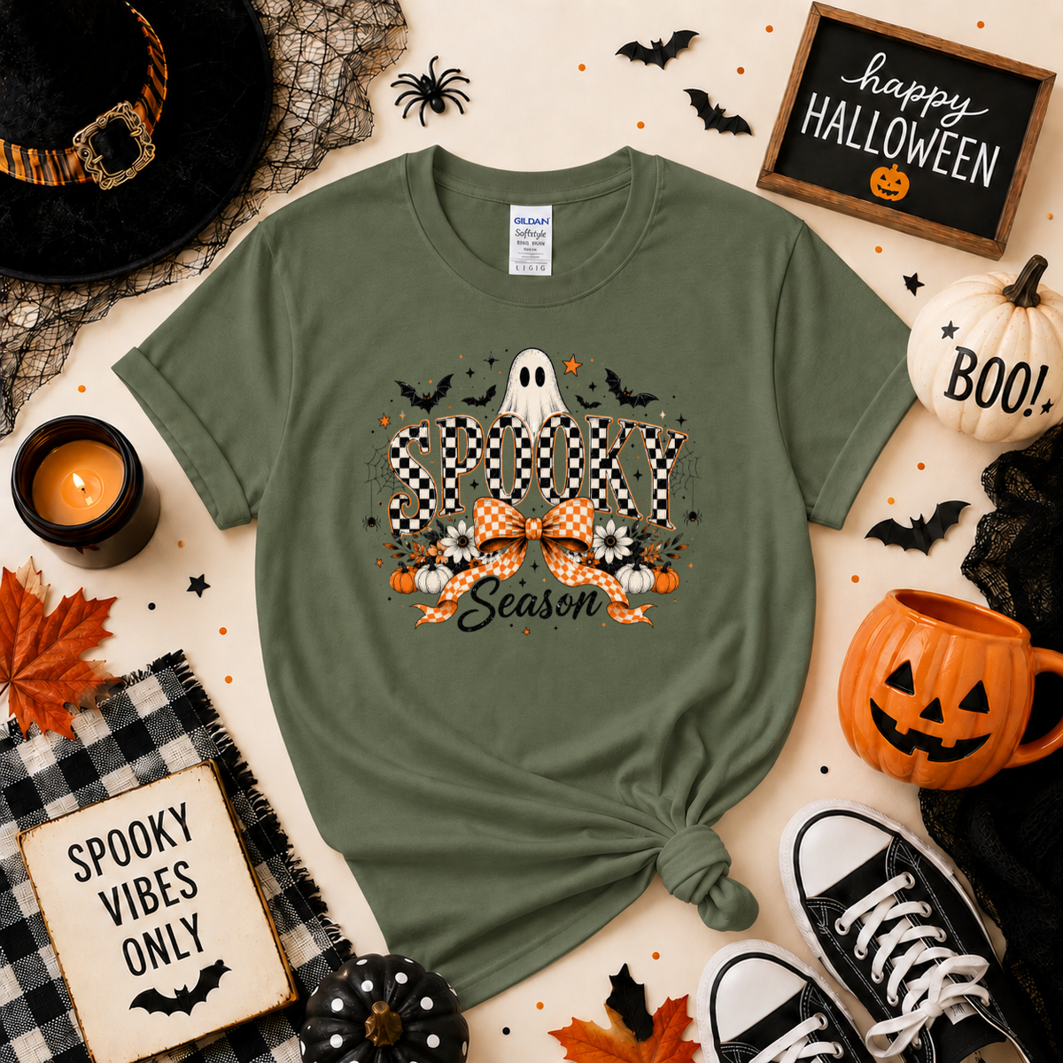 Spooky Season Halloween T-Shirt | Checkerboard Ghost & Bow Graphic Sweatshirt