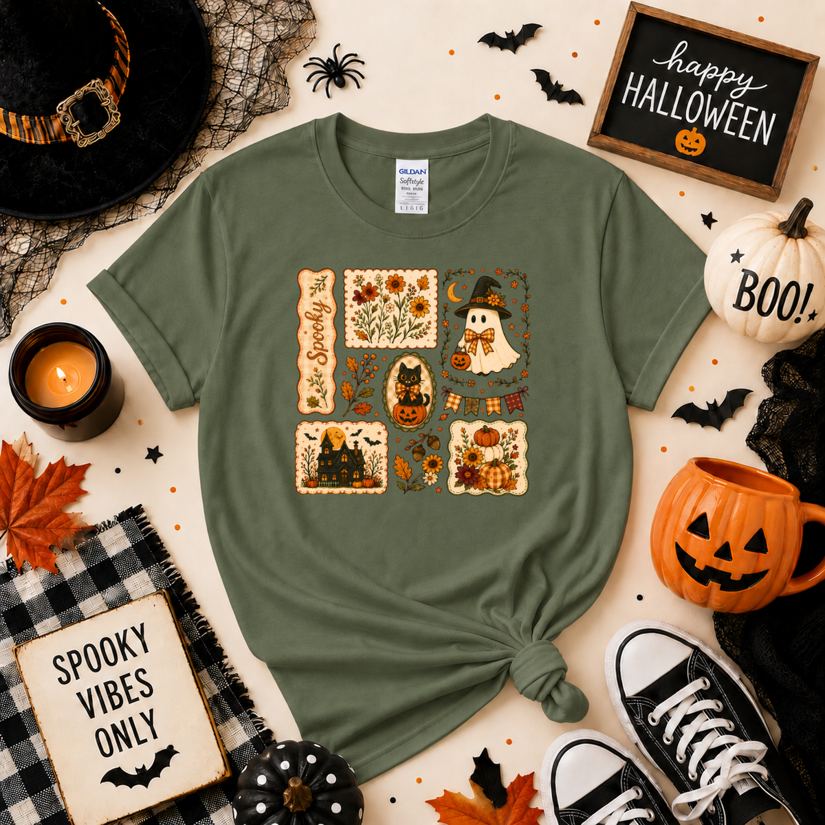 Vintage Spooky Halloween Sweatshirt | Ghost Pumpkin & Black Cat T-shirt