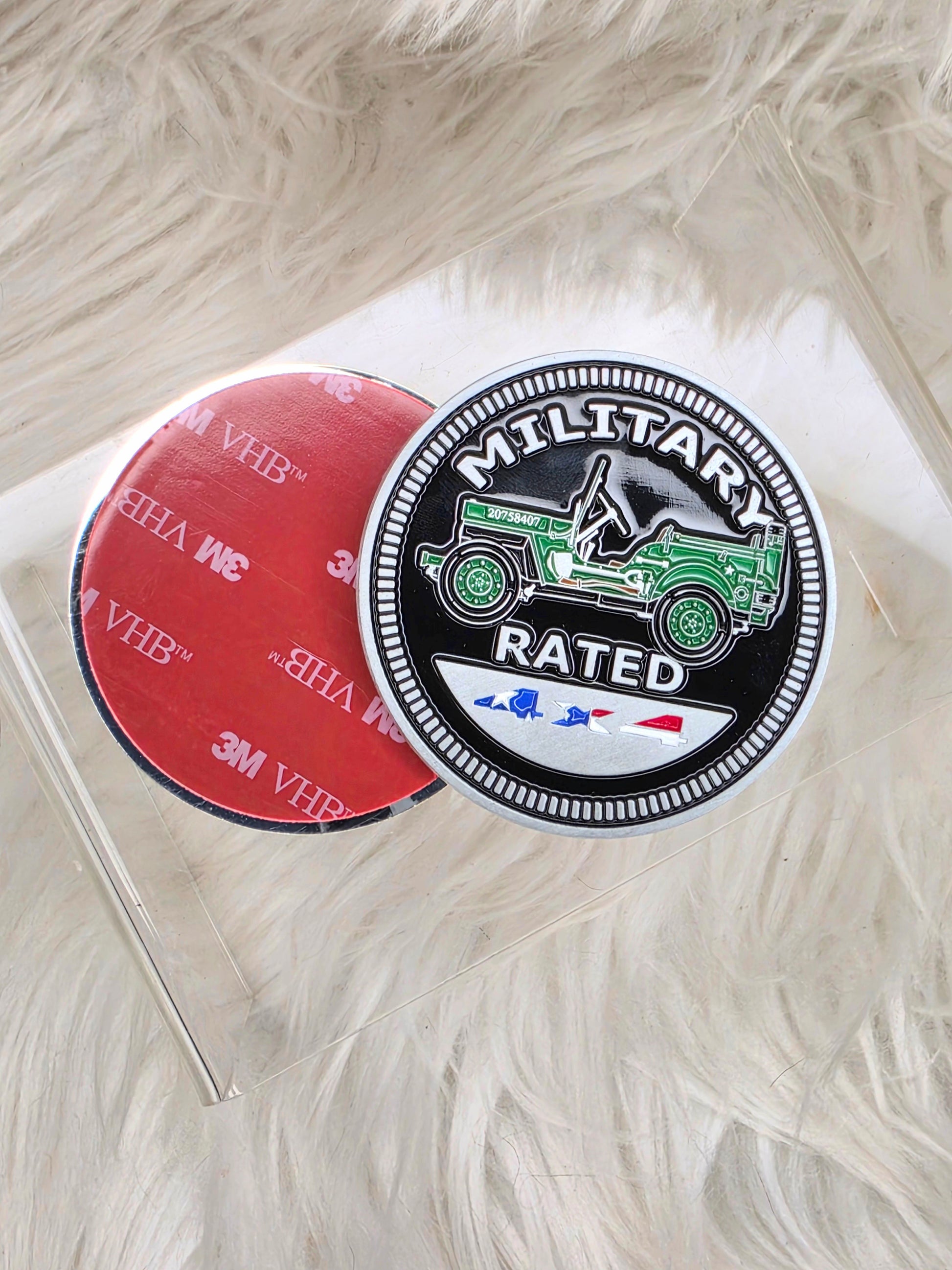 Military Rated badge, military Jeep badge, Jeep emblem, off road badge, veteran gift, military vehicle accessory, patriotic Jeep accessory, 4x4 badge, Jeep owner gift, military family gift, overlanding accessory, trail riding badge, Jeep enthusiast accessory, veteran owned lifestyle, military decor, truck emblem, patriotic off road badge, custom Jeep badge, off road enthusiast gift, military themed Jeep accessory.