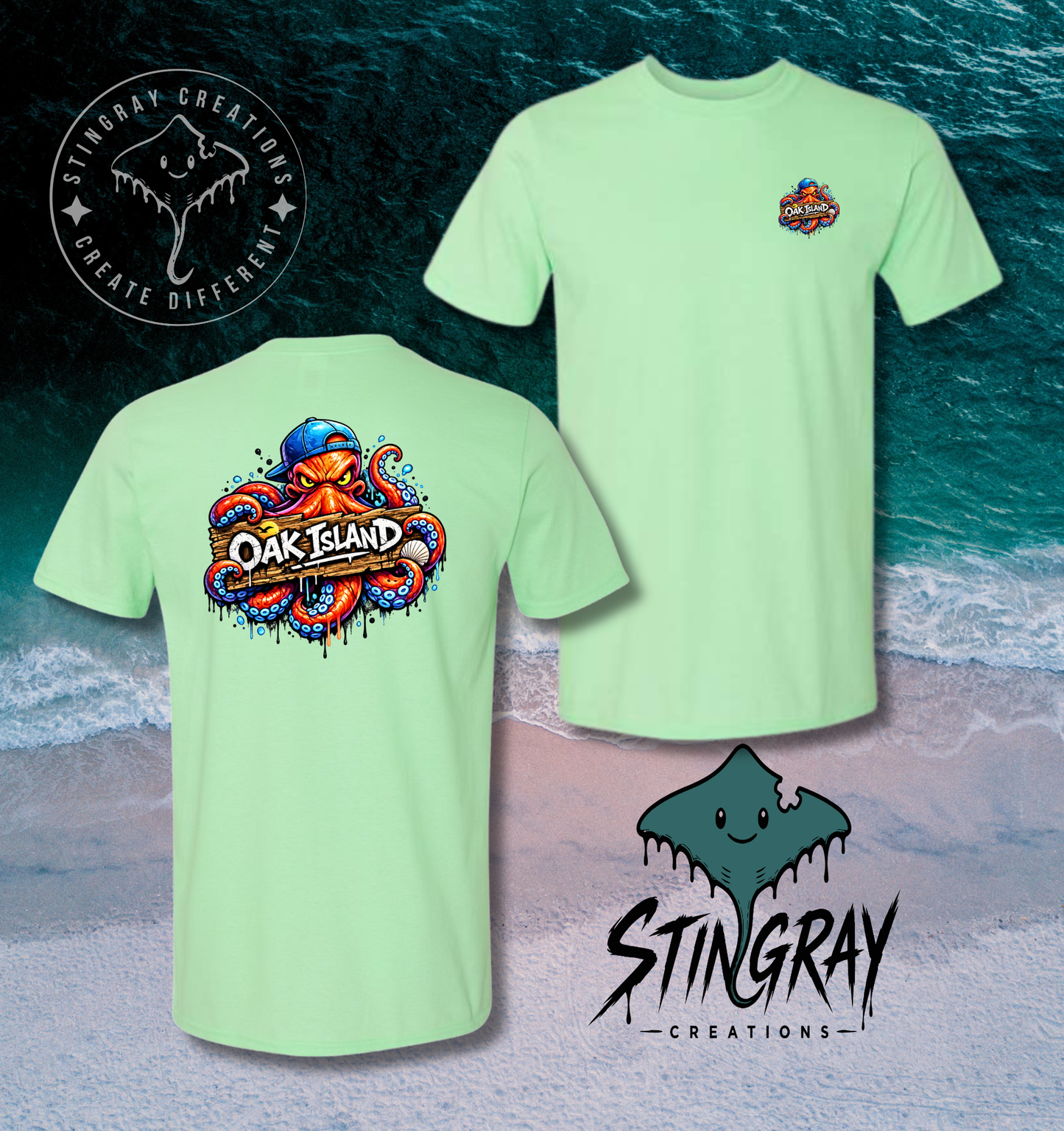 Oak Island Graffiti Octopus T Shirt | Coastal North Carolina Graphic Tee | Beach Vacation Shirt